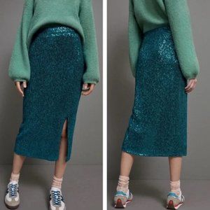Anthropologie Green Metallic Sequin Slit Pencil Skirt